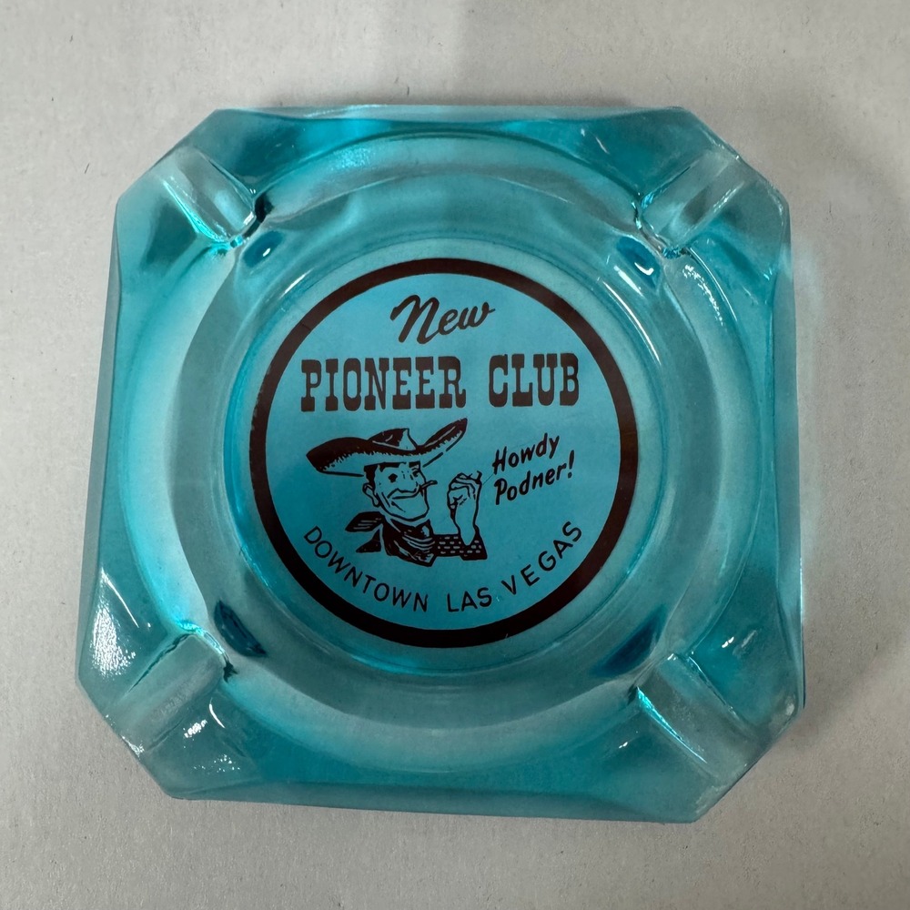 Vintage New Pioneer Club Las Vegas Blue Glass Ashtray Howdy Podner‎ Cowboy
